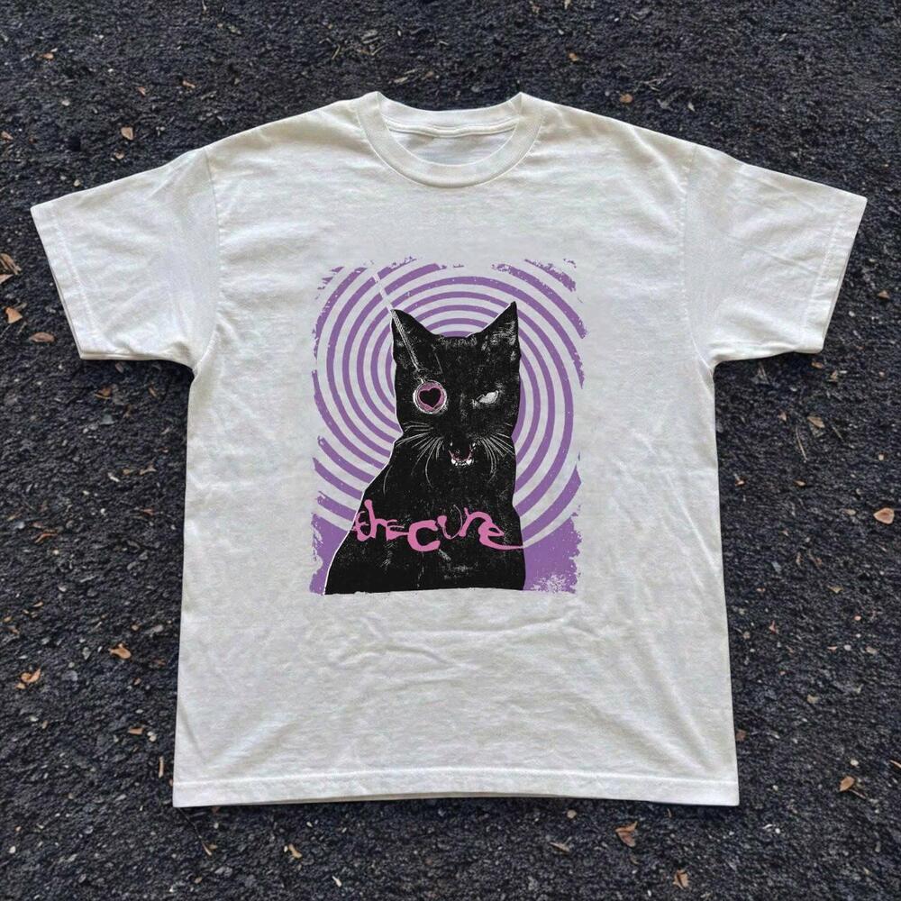 Gildan White And Purple Graphic Cat Tee